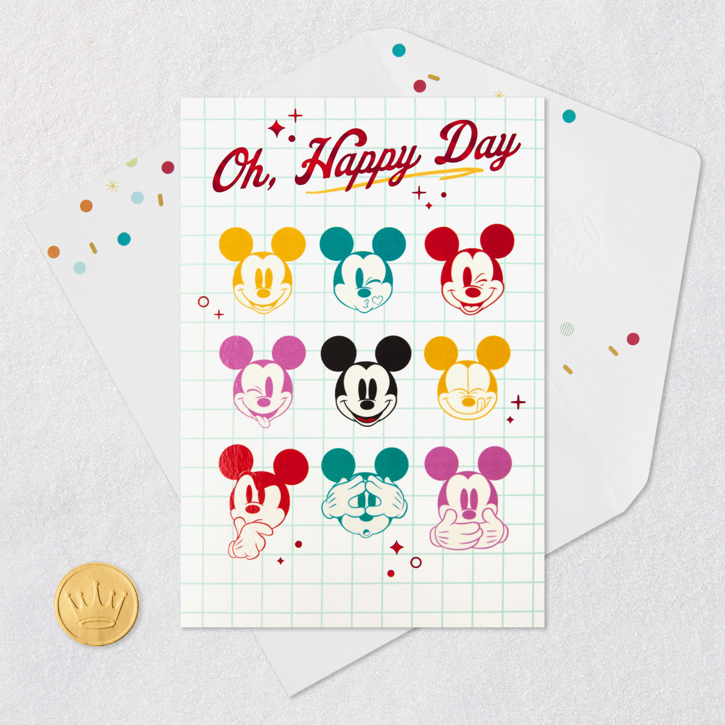 Colorful Mickey Faces Birthday Card with Stickers Card Front with Envelope and Gold Seal image number 6