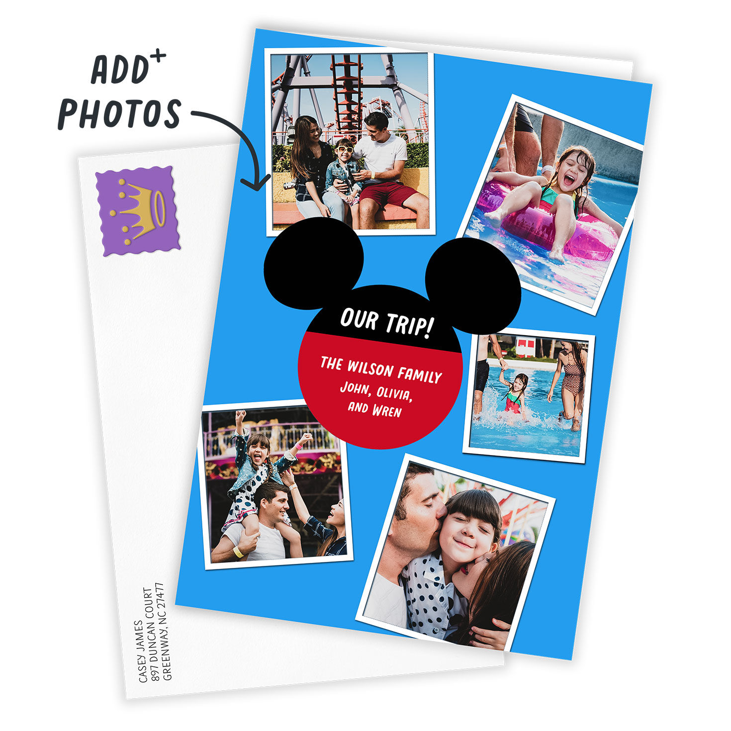 Blue With Mickey Ears Personalized Photo Card Card Front with Envelope image number 2