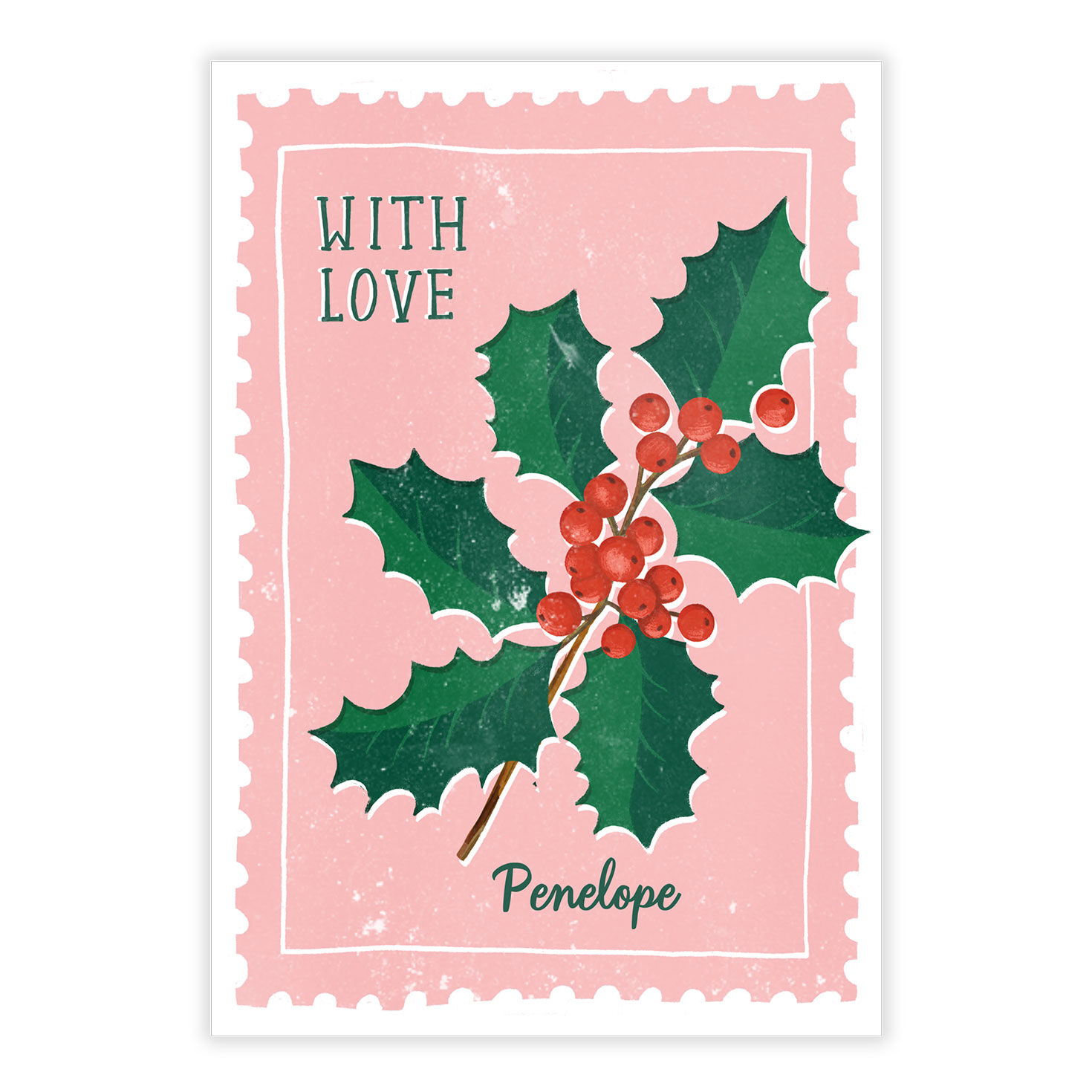 Pink Stamp With Holly Personalized Christmas Card front image number 2