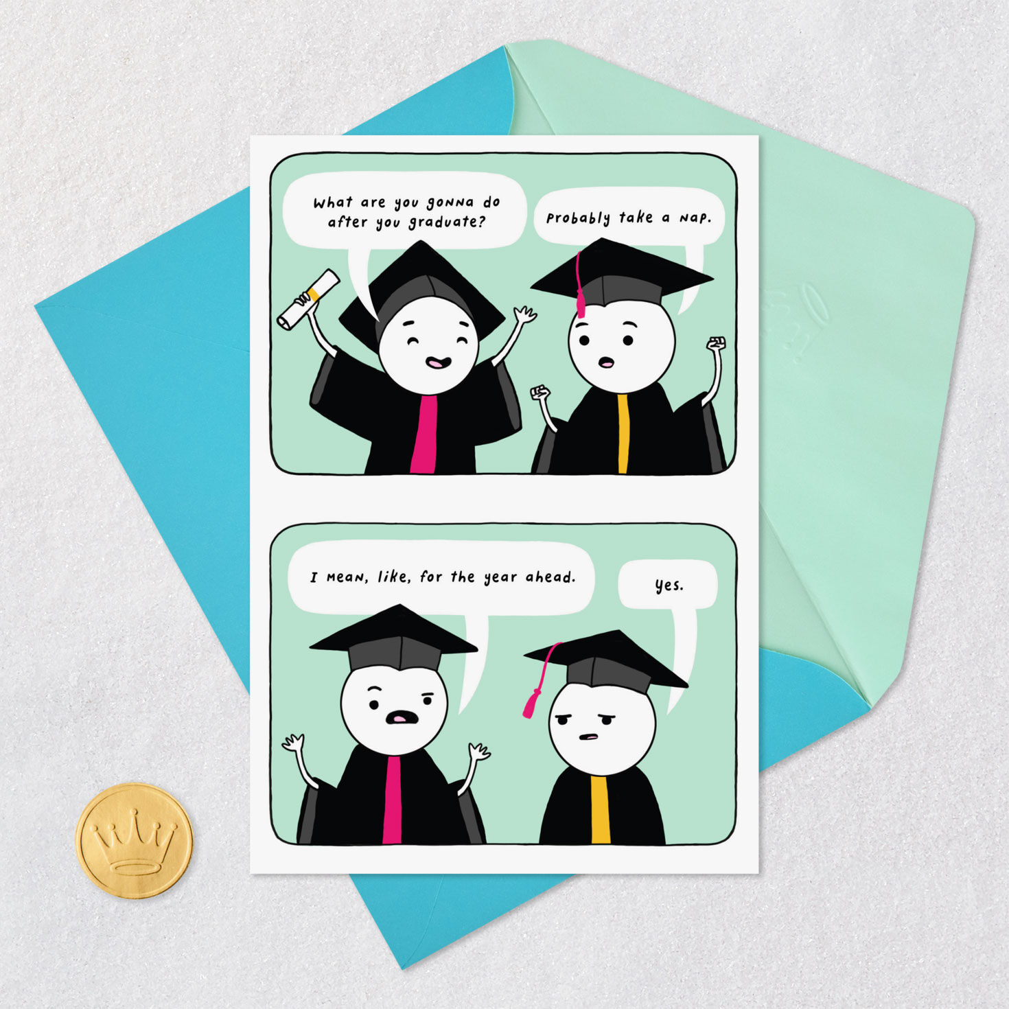 Cartoon Grads on Mint Green Funny Graduation Card Card Front with Envelope and Gold Seal image number 5