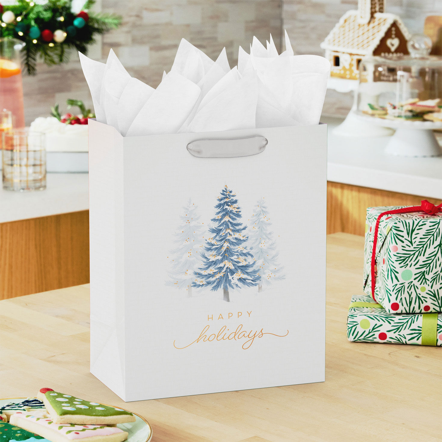 Snowy Trees on White Medium Holiday Gift Bag in use image number 2
