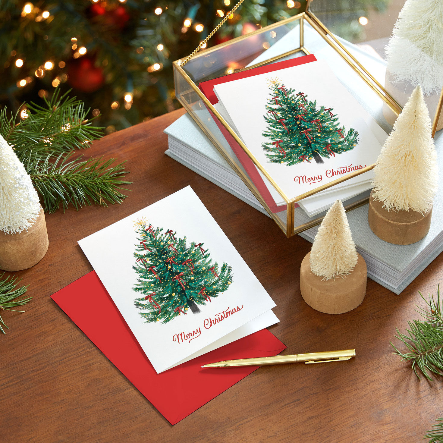 Decorated Green Tree Boxed Christmas Cards in use image number 7