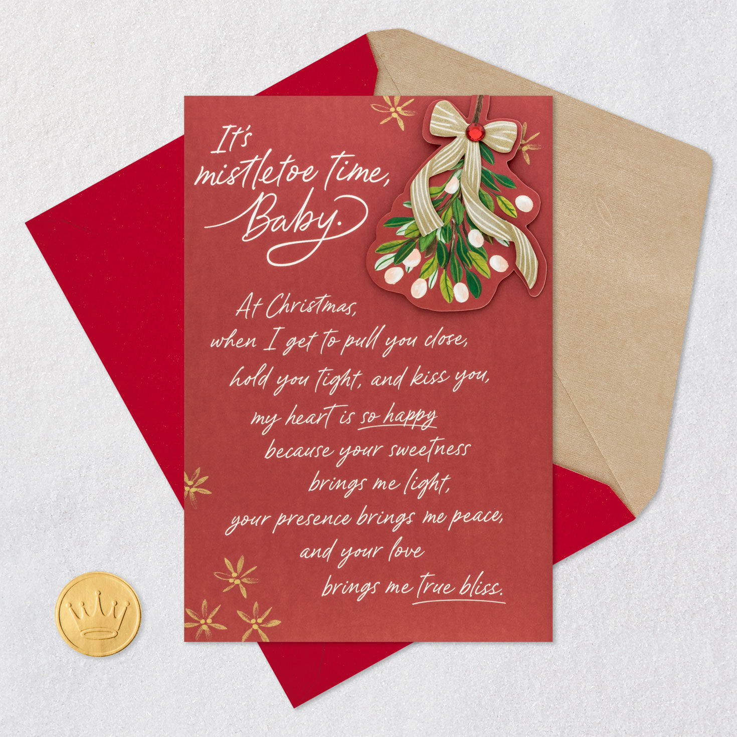 Burgundy Mistletoe Christmas Card for Husband or Wife Card Front with Envelope and Gold Seal image number 5