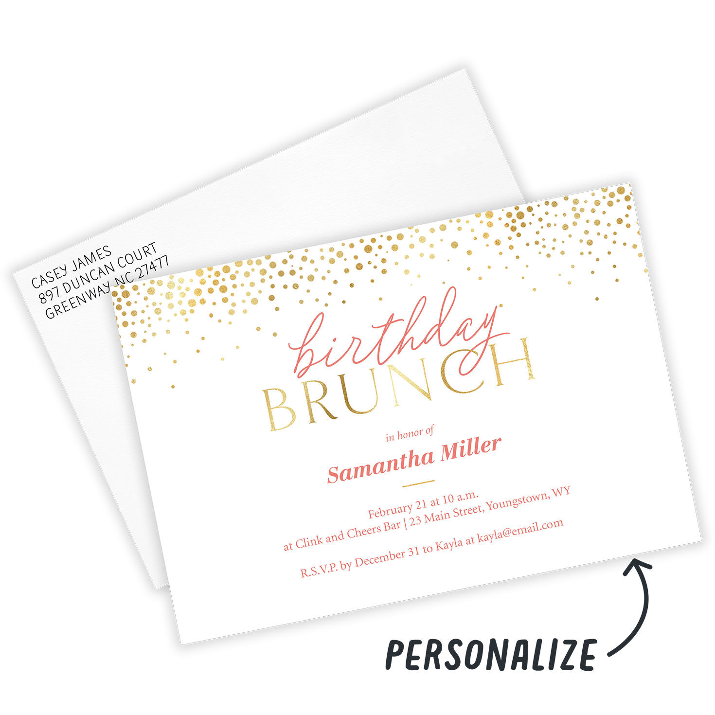 Gold Dots Birthday Brunch Personalized Invitation Card Front indicating personalization image number 2
