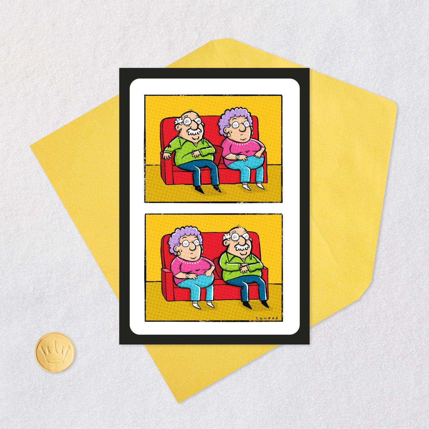 Old Couple Sitting on Sofa Funny Anniversary Card Card Front with Envelope and Gold Seal image number 5