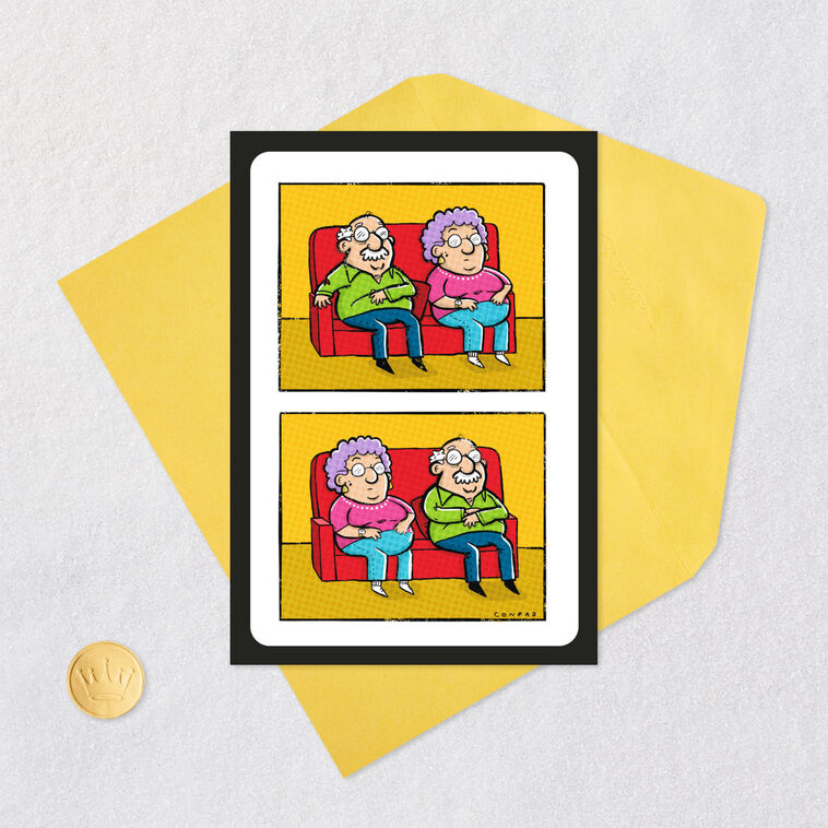 Old Couple Sitting on Sofa Funny Anniversary Card Card Front with Envelope and Gold Seal image number 5