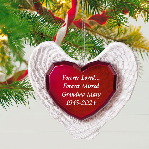 Forever Loved Memorial Heart and Angel Wings Text Personalized Ornament, 