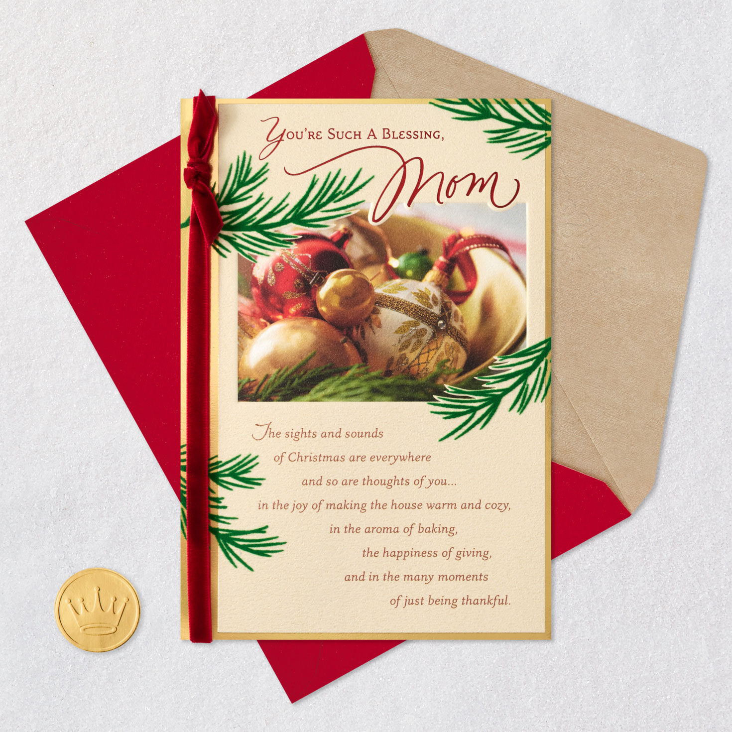 Festive Ornament Christmas Card for Mom Card Front with Envelope and Gold Seal image number 7
