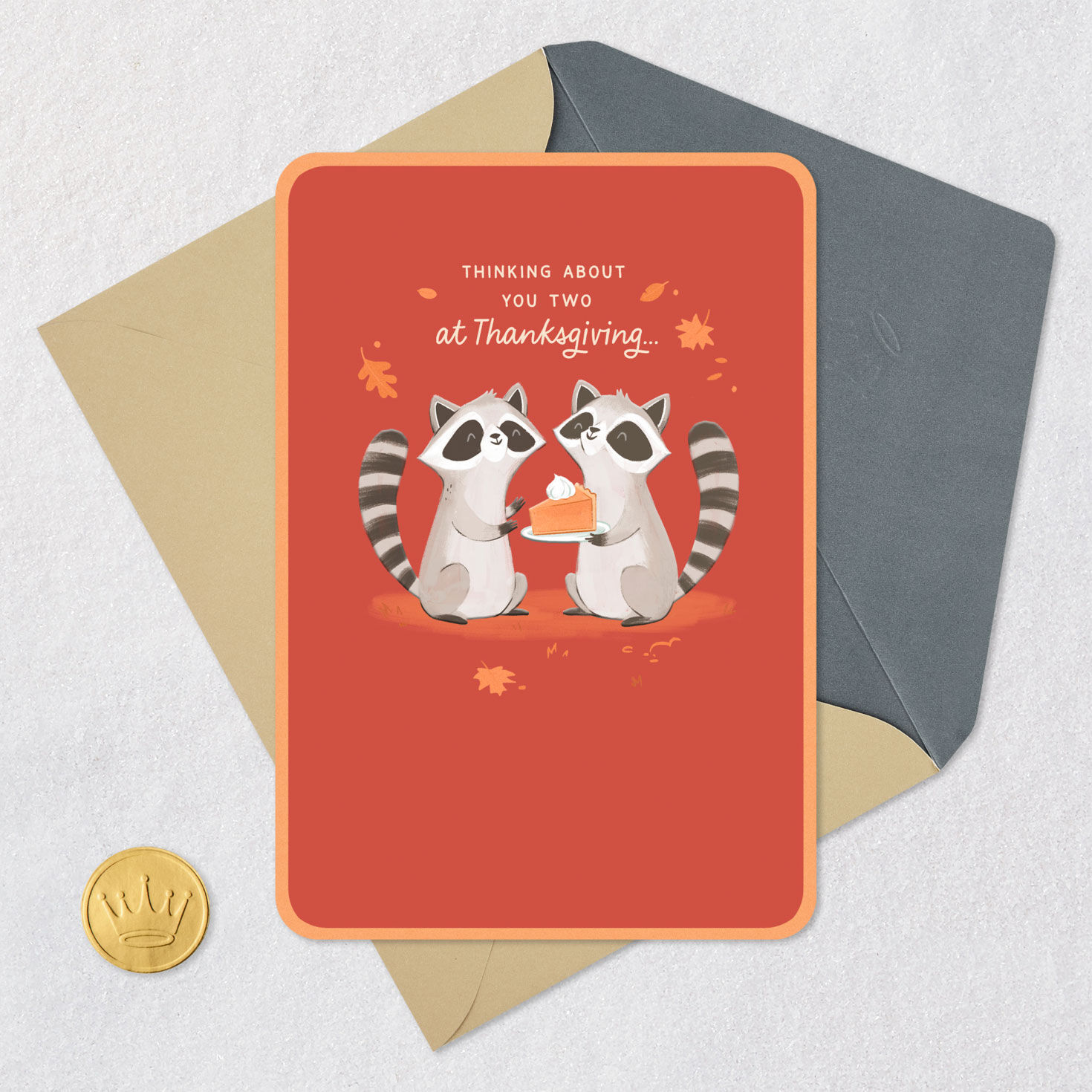 Raccoons With Pie Thanksgiving Card for Couple Card Front with Envelope and Gold Seal image number 5