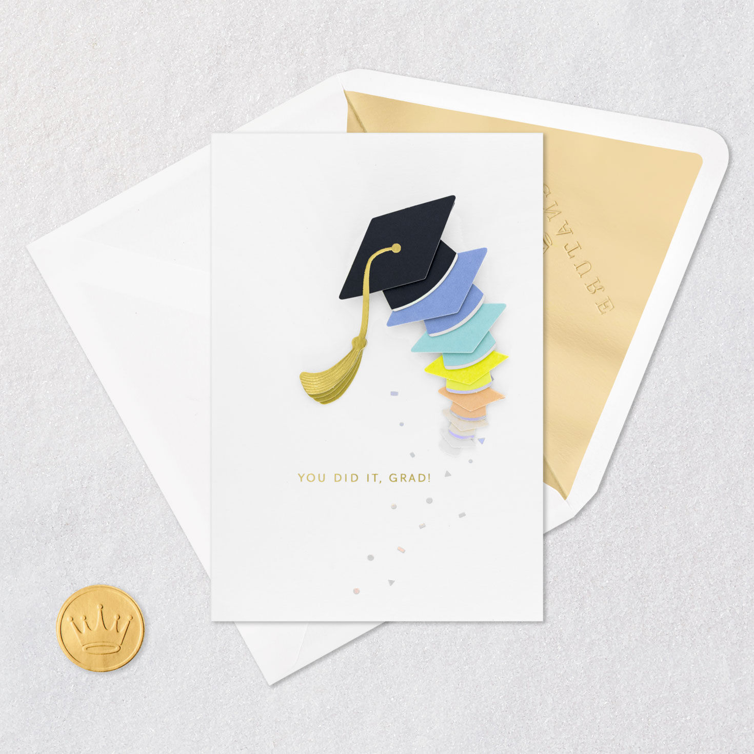 Rainbow Mortarboard Caps Graduation Card Card Front with Envelope and Gold Seal image number 5