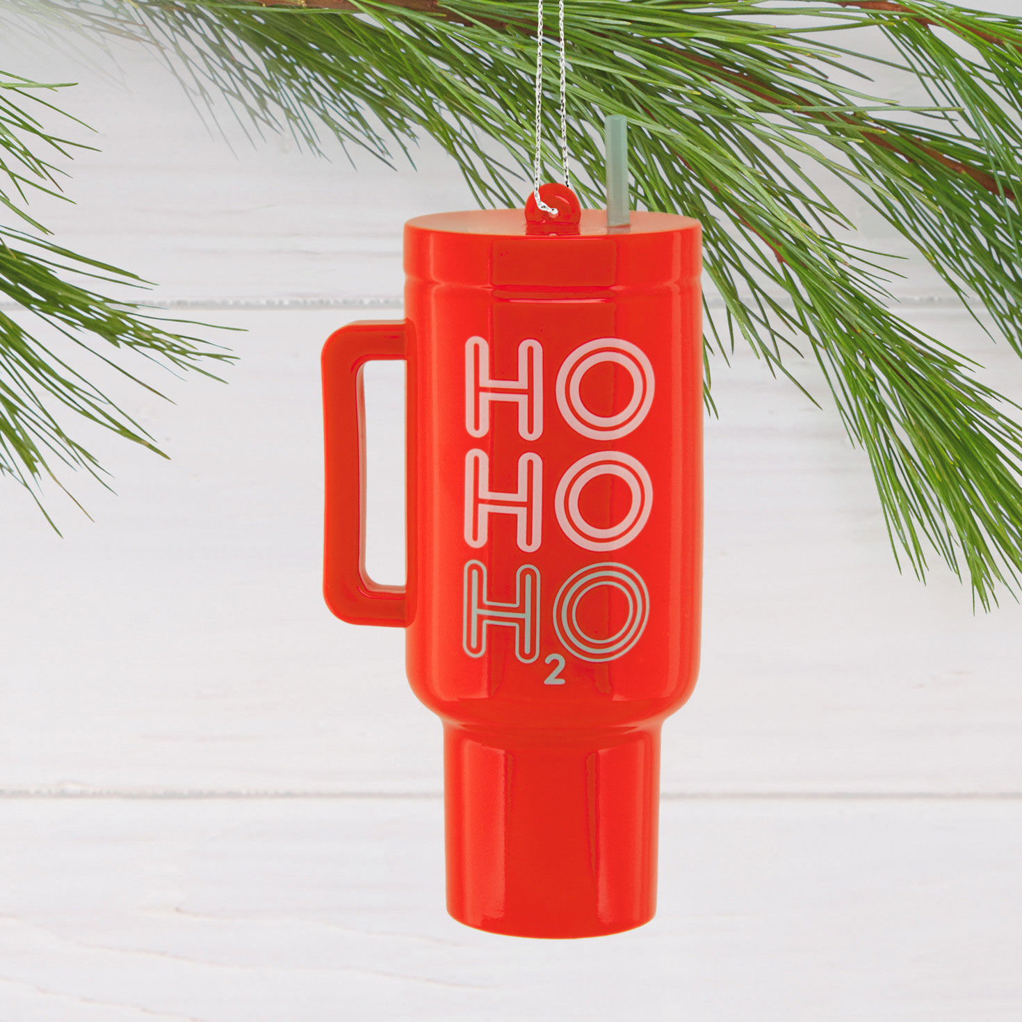 Red Ho Ho H2O Cup Christmas Ornament hanging on tree image number 2