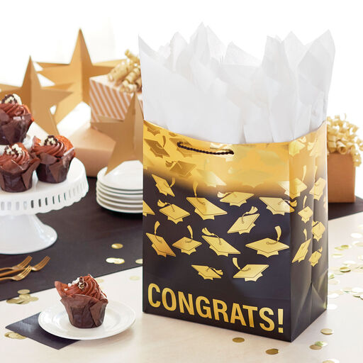 13" Mortarboards on Ombré Large Graduation Gift Bag With Tissue Paper, 