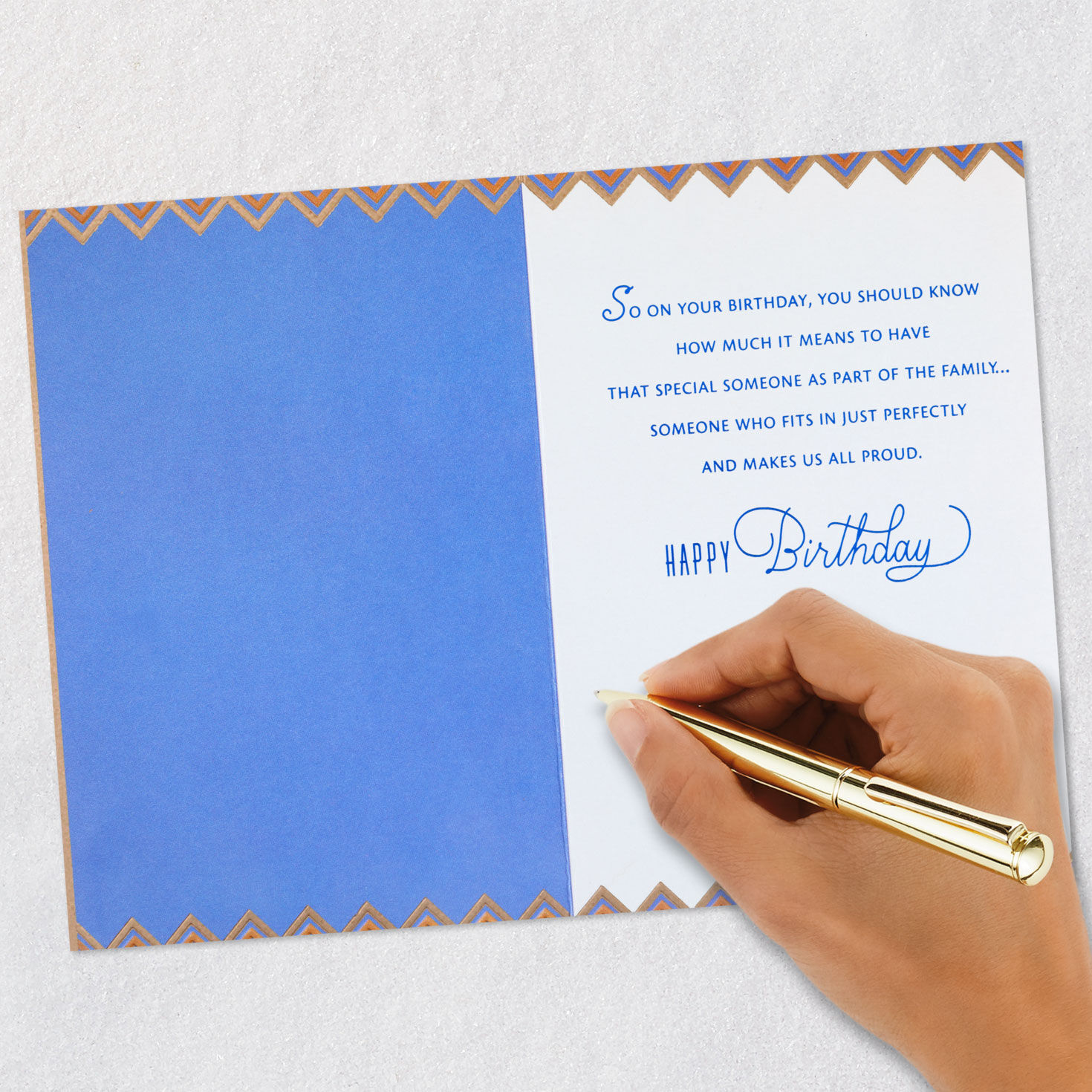 Geometric Blue and Tan Son-in-Law Birthday Card signing card image number 6