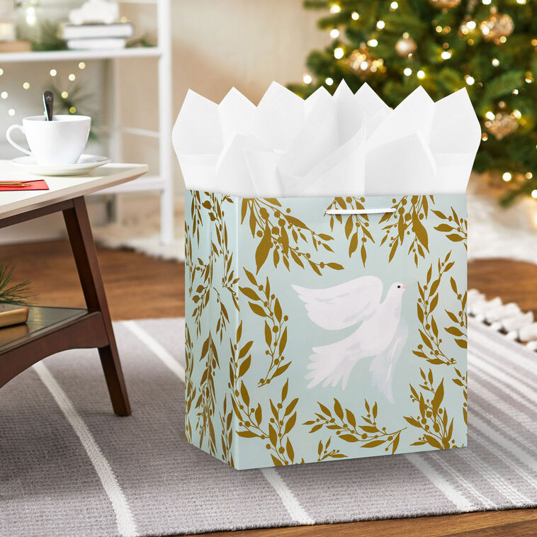 Dove on Light Green With Gold Vines XL Gift Bag In use image number 2