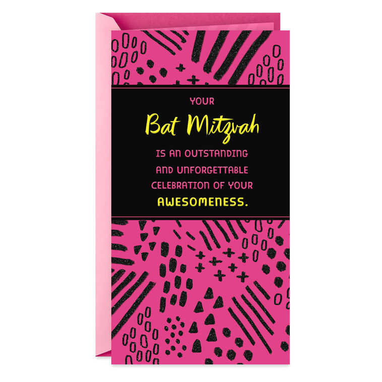 Pink and Black Doodles Bat Mitzvah Gift Card Holder Card Front image number 1