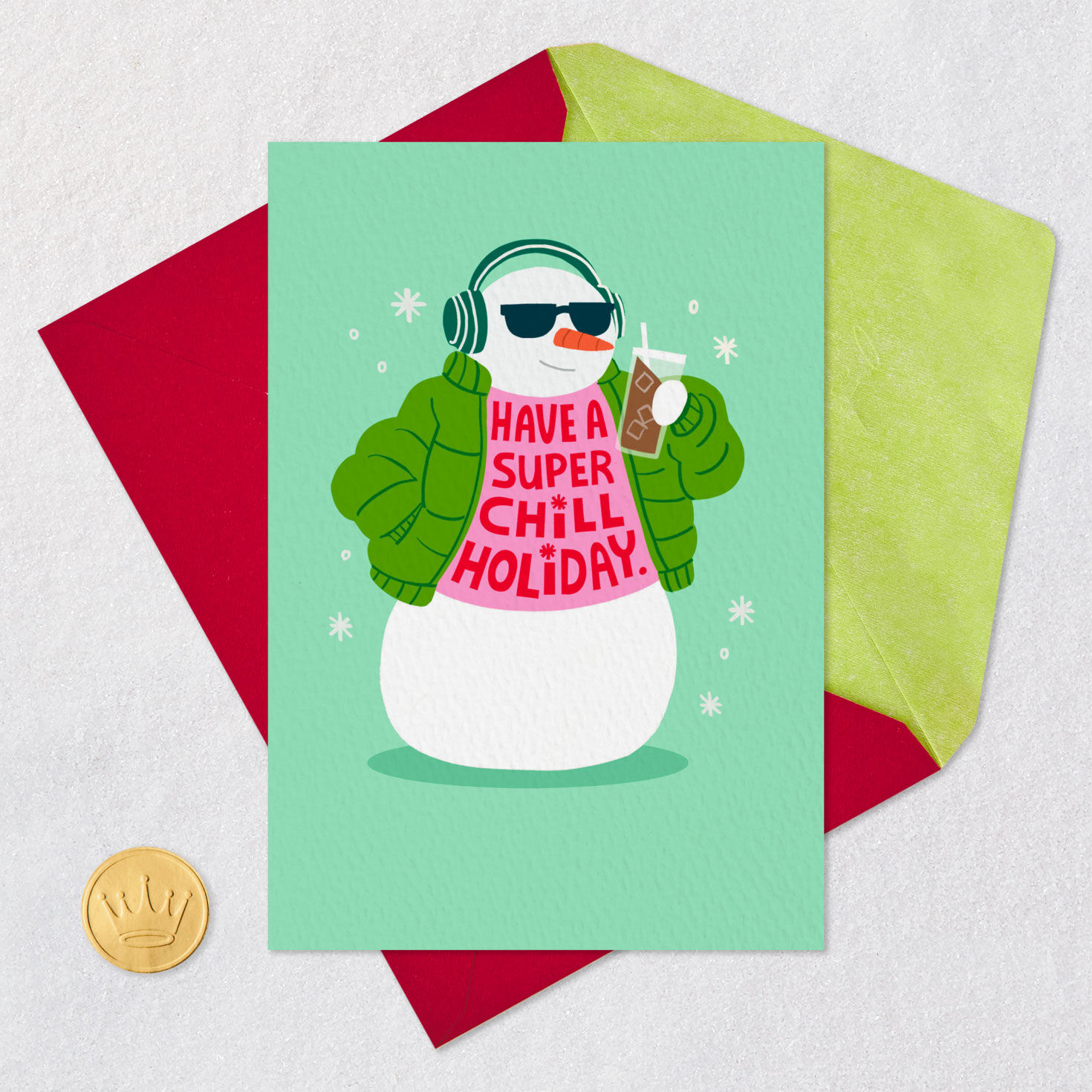 Cool Snowman Funny Christmas Card Card Front with Envelope and Gold Seal image number 5