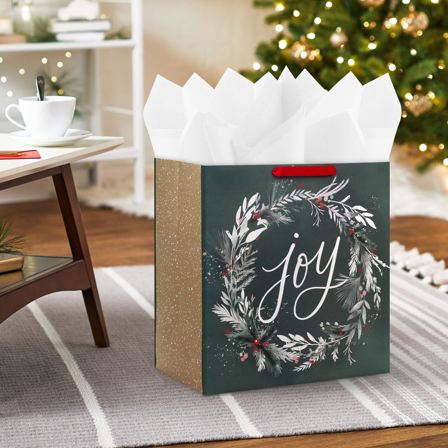 Joy Wreath on Green Extra-Deep Christmas Gift Bag In use image number 2