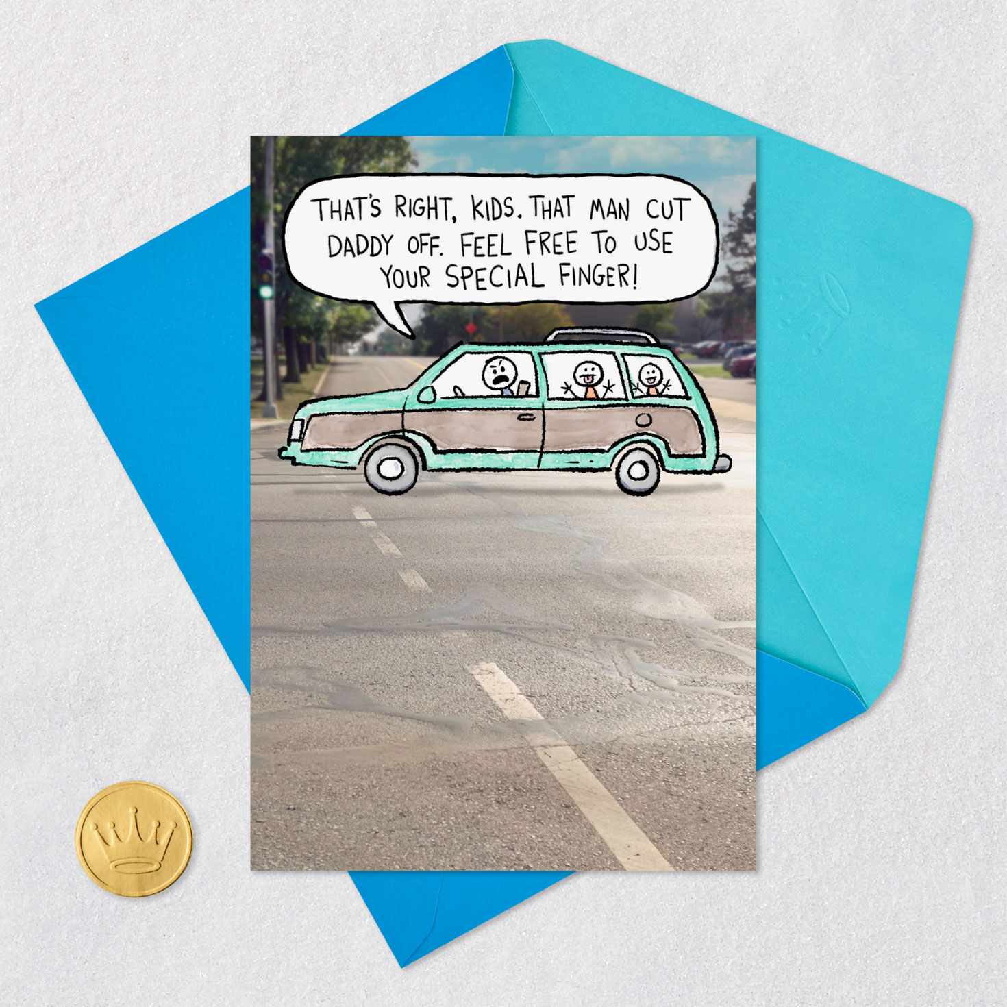 Dad and Kids in Car Special Finger Funny Father's Day Card Card Front with Envelope and Gold Seal image number 5