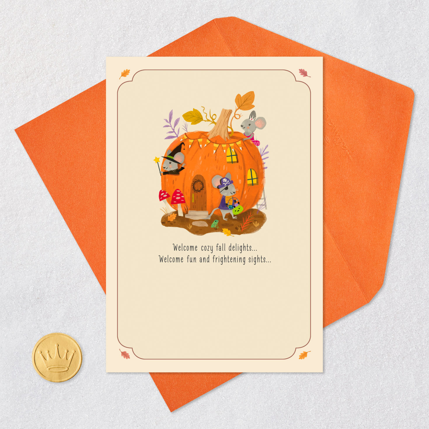 Pumpkin Mouse House Halloween Card Card Front with Envelope and Gold Seal image number 5