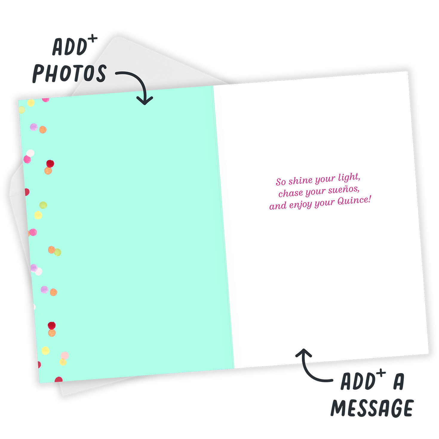 Colored Rays Personalized Quincea&ntilde;era Card Open Card with Envelope indicating personalization image number 3