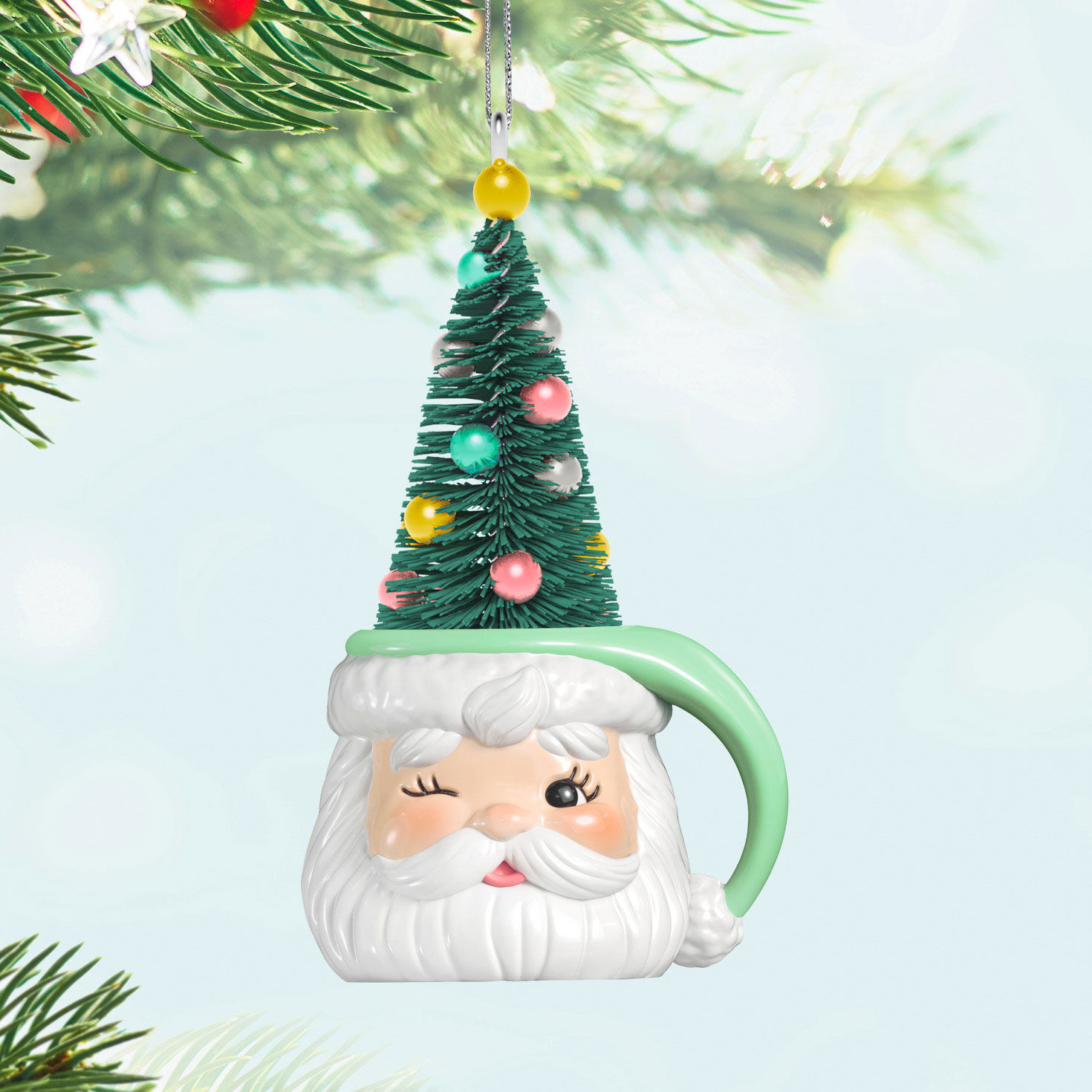 Santa Mug With Tree Keepsake Ornament Hanging on tree image number 2