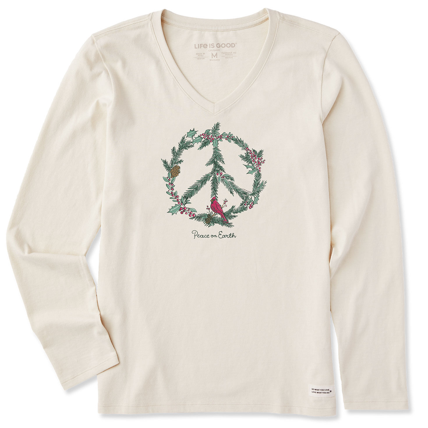 Life Is Good Women's Peace on Earth Cream Long Sleeve V-Neck T-Shirt for only USD 34.50 | Hallmark
