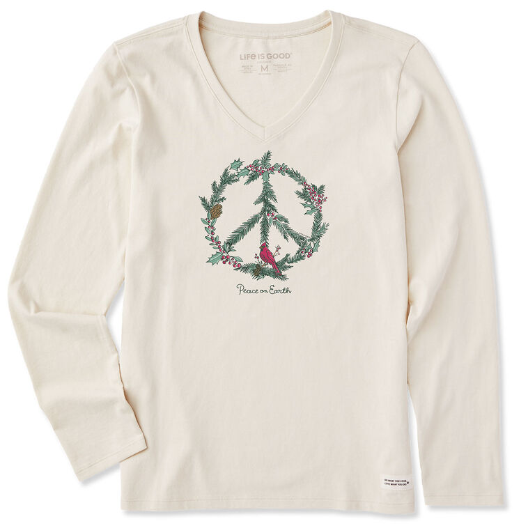 Life Is Good Women's Peace on Earth Cream Long Sleeve V-Neck T-Shirt
