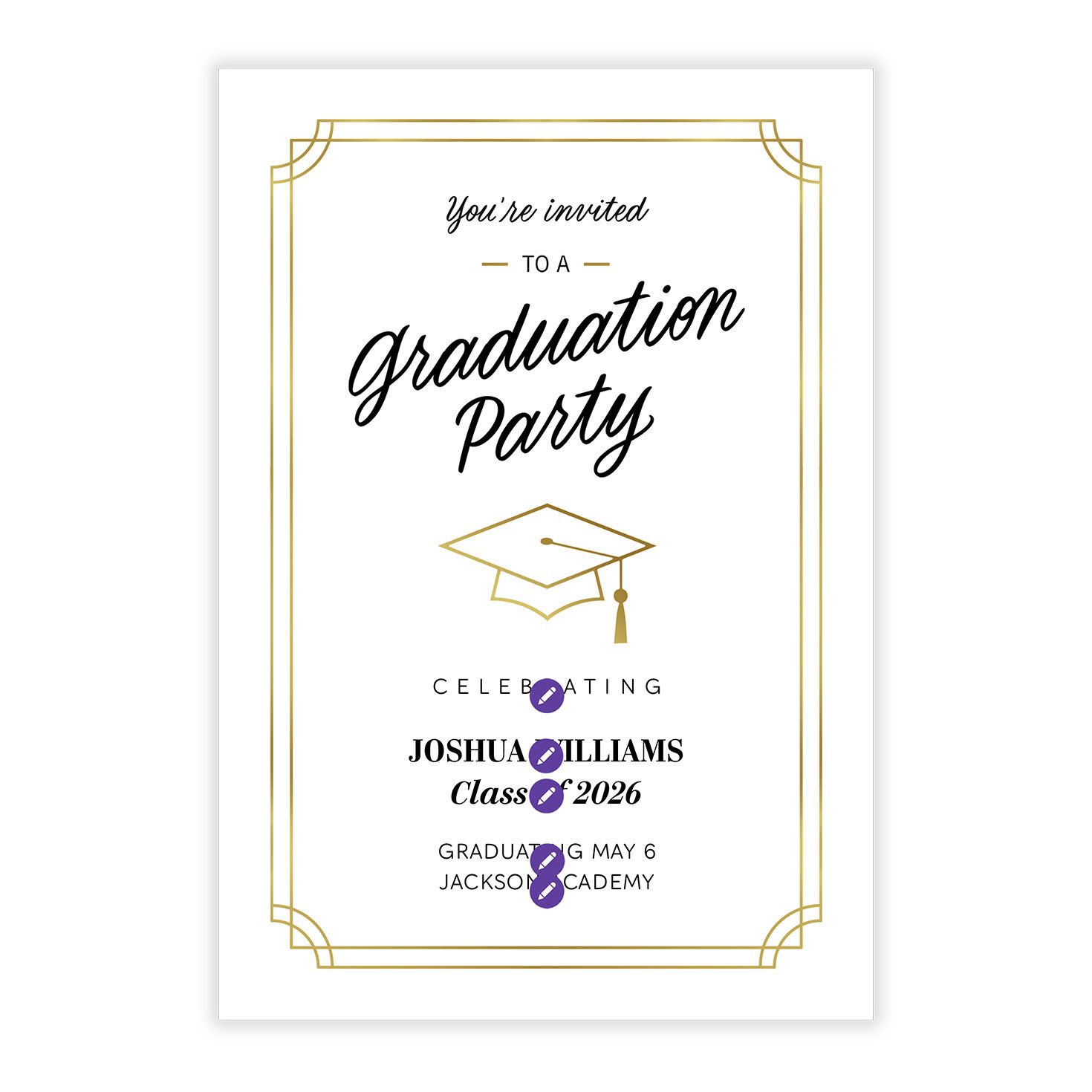 Double Gold Border Grad Party Invitation Card Front indicating personalization image number 5