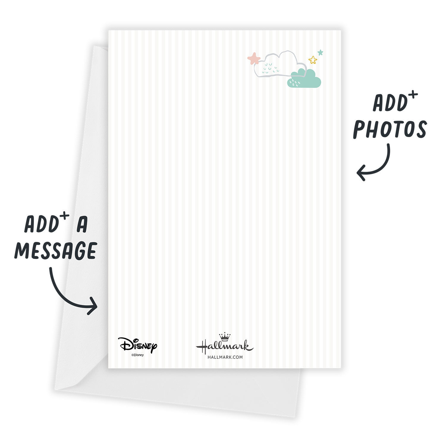 Mickey Minnie Moon Personalized Baby Announcement Card back with Envelope indicating personalization image number 3