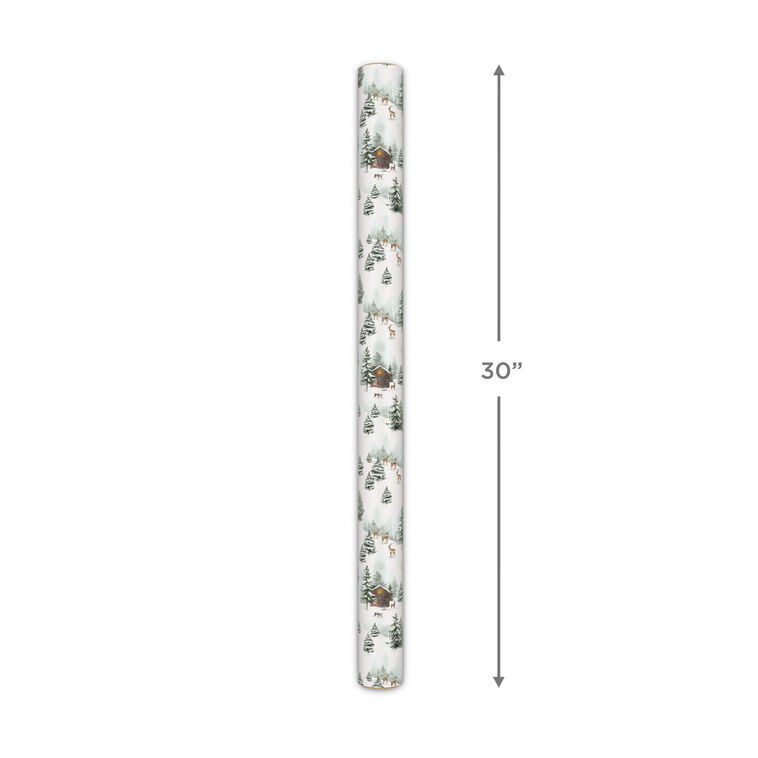 Snowy Cottage on White Holiday Wrapping Paper Roll measurement image number 4