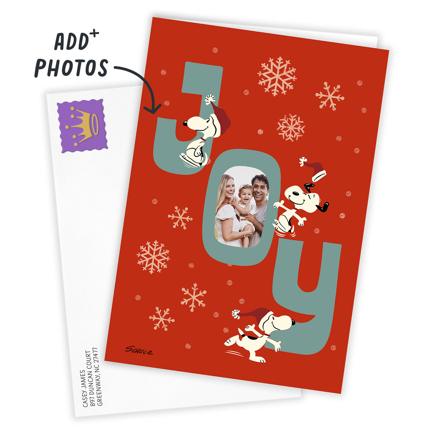Snoopy and Snowflakes Personalized Christmas Card Card Front with Envelope image number 2