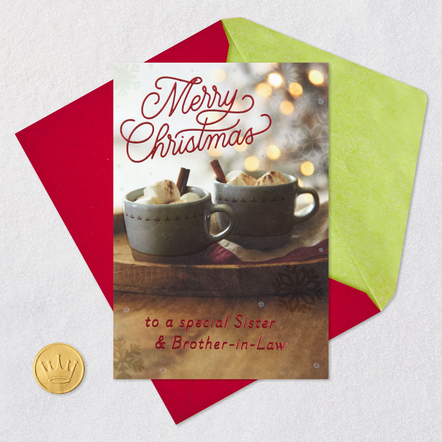 Hot Cocoa Sister and Brother-in-Law Christmas Card Card Front with Envelope and Gold Seal image number 7