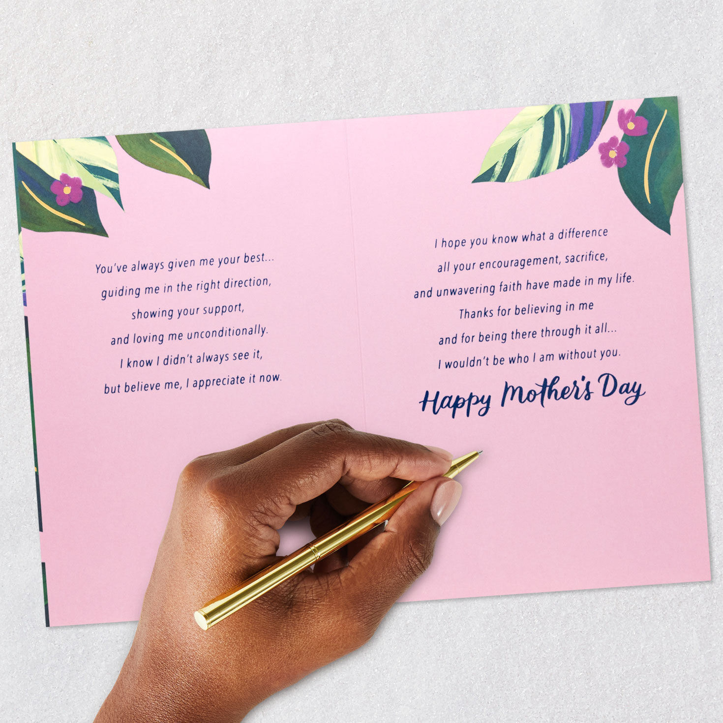 Tropical Leaves on Pink Mom Mother's Day Card Signing card image number 7