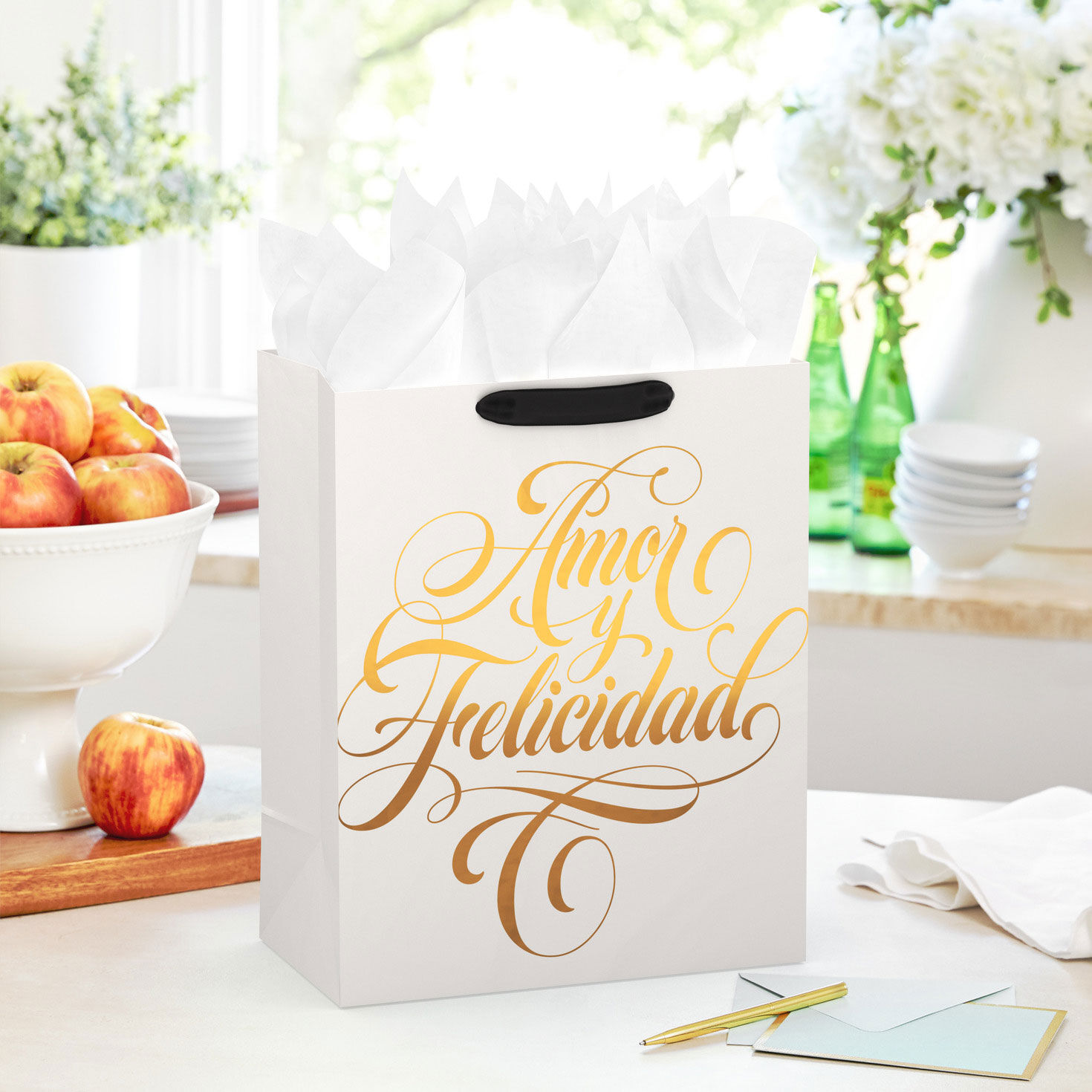 Spanish Language Gold on Cream Large Gift Bag in use image number 2