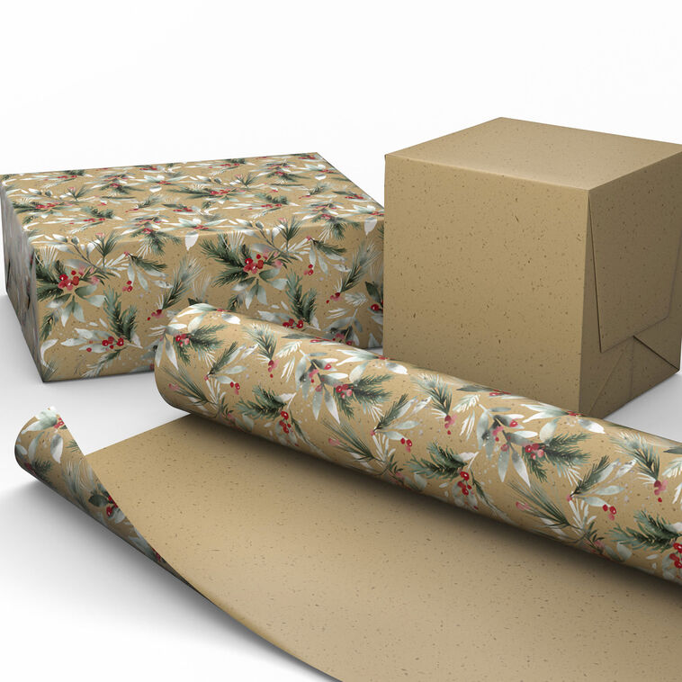Kraft Greenery/Flecks Holiday Reversible Gift Wrap Wrapped pkg image number 2