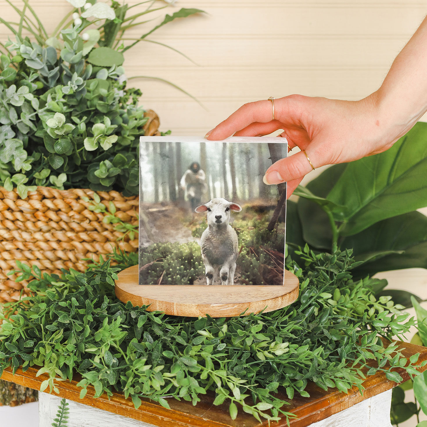 Jesus Chasing Lamb Image Square Wood Sign in use image number 3