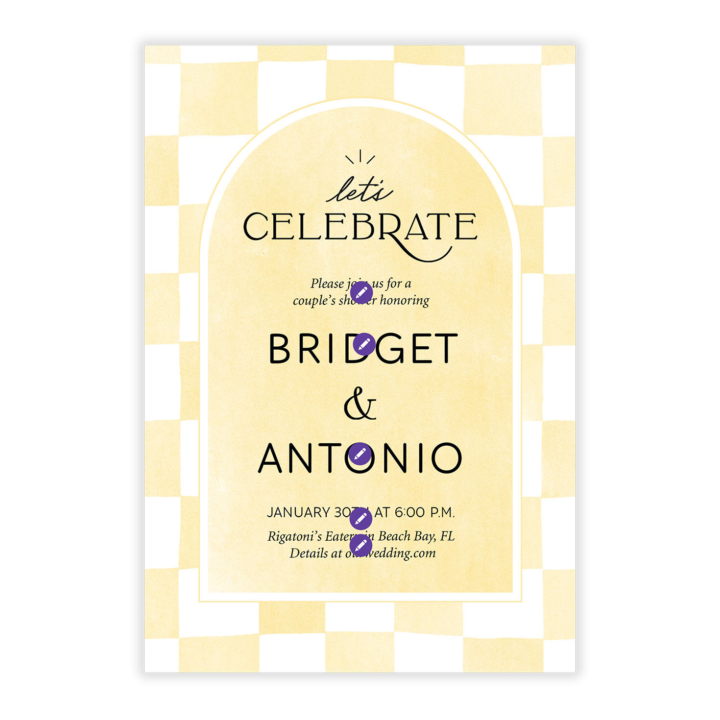 Yellow Checkered Personalized Shower Invitation Card Front indicating personalization image number 5