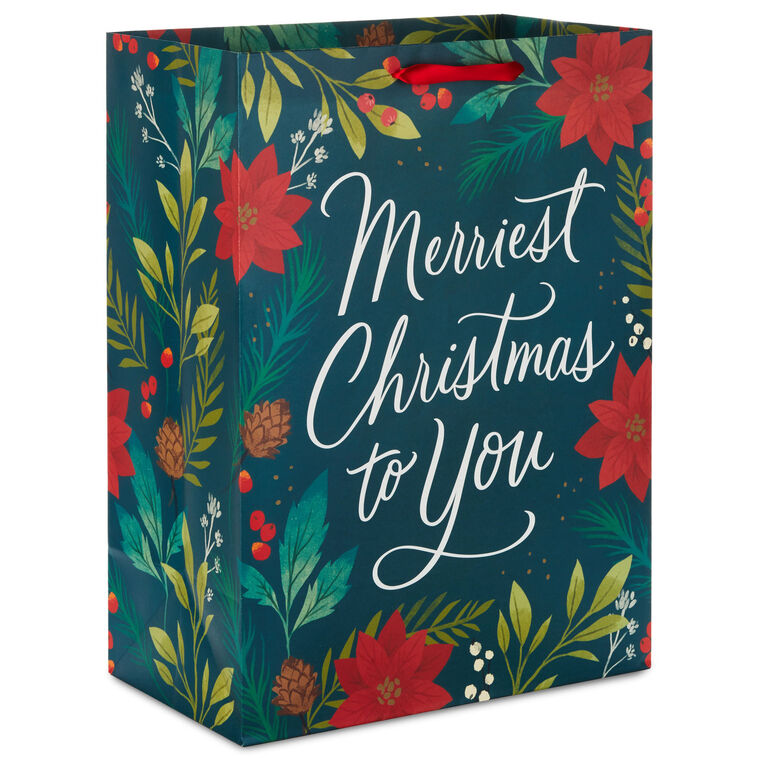 20" Merriest Christmas With Poinsettias Jumbo Gift Bag