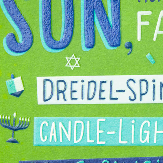 Dreidels, Latkes and Gifts Hanukkah Card for Son and His Family, , large image number 4