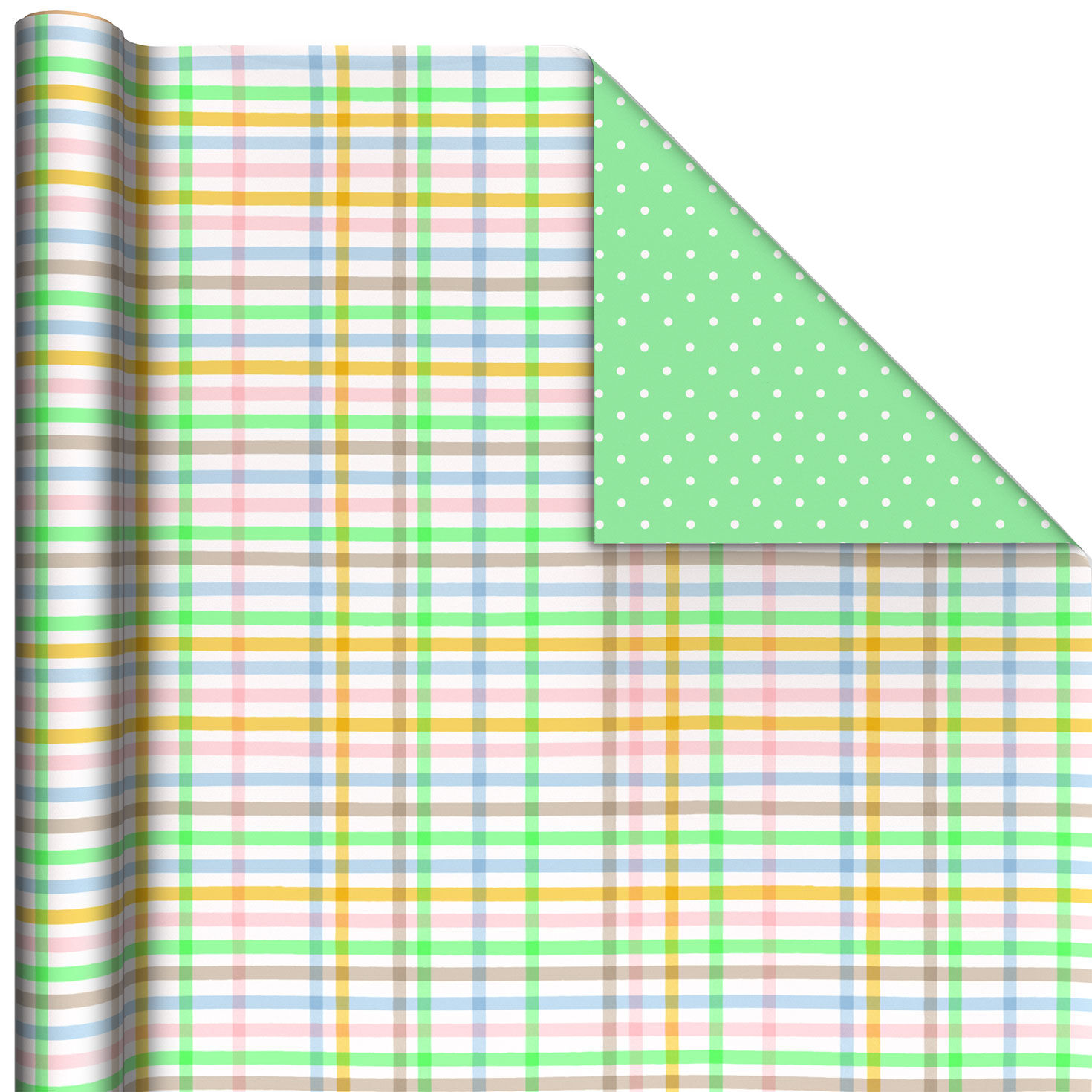 Pastel Plaid/Bright Mint Polka Dots Reversible Wrapping Paper Roll, 20 sq. ft.