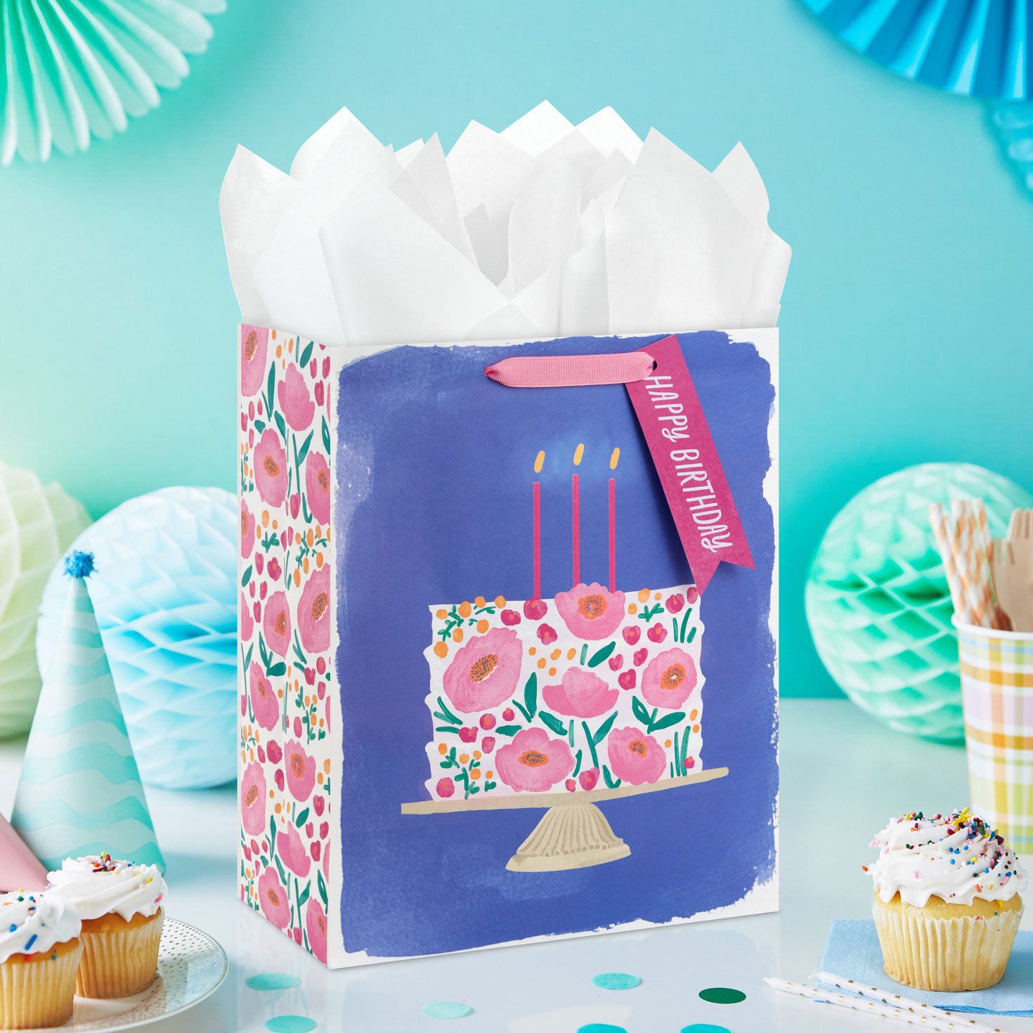 Cake and Flowers on Blue Large Birthday Gift Bag in use image number 2