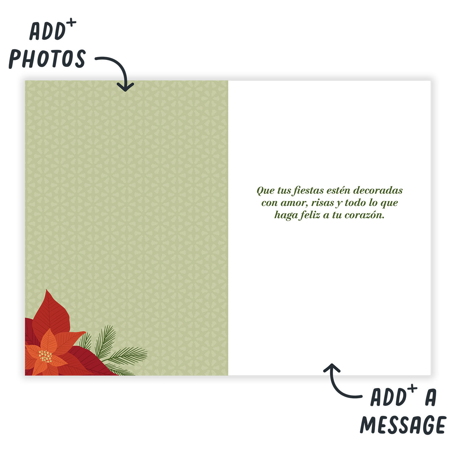 Red Pink White Poinsettias Christmas Card in Spanish Open Card indicating personalization image number 3