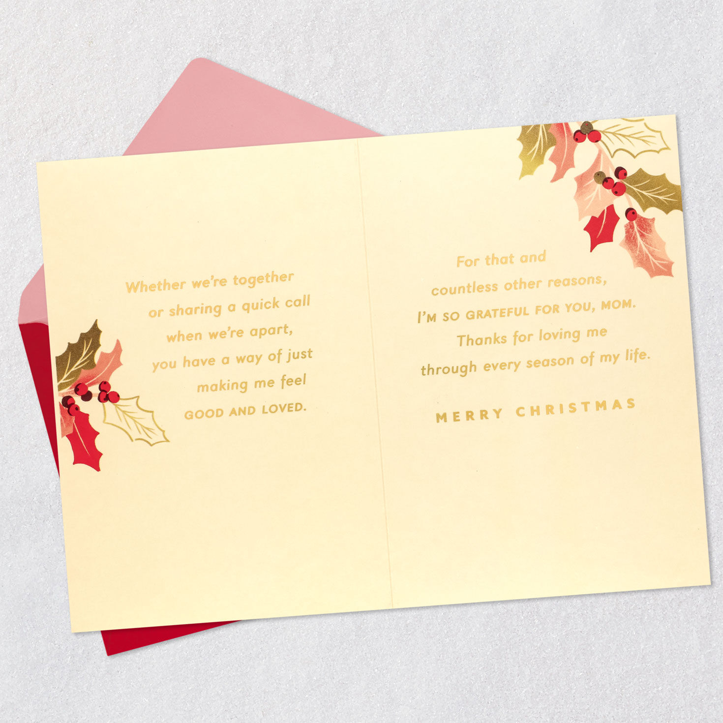 Red and Gold Holly Christmas Card for Mom Open card with envelope image number 4