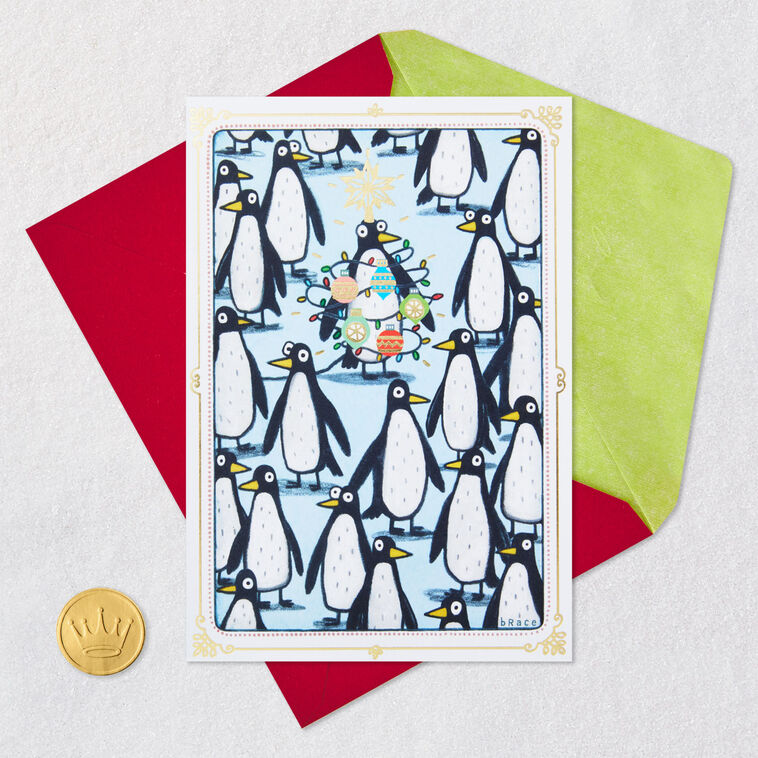 Penguin with Ornaments and Star Christmas Card Card Front with Envelope and Gold Seal image number 6