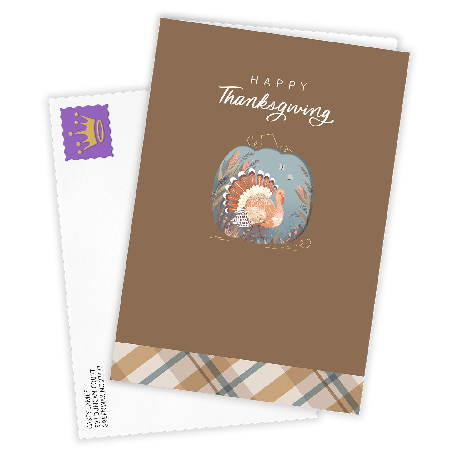 Pumpkin With Turkey Personalized Thanksgiving Card Card Front with Envelope image number 2