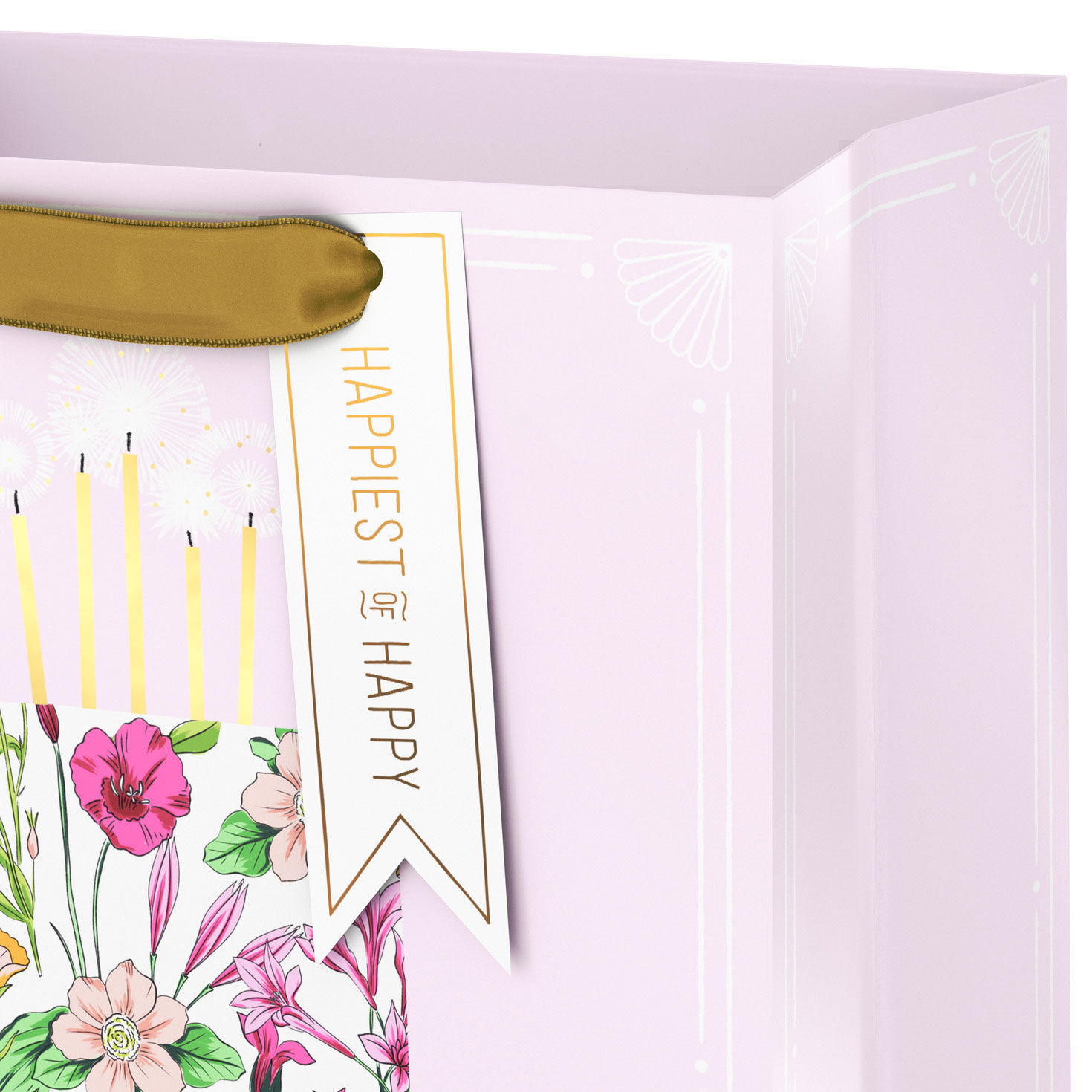 Floral Birthday Cake on Pink Medium Gift Bag Handle Detail image number 4
