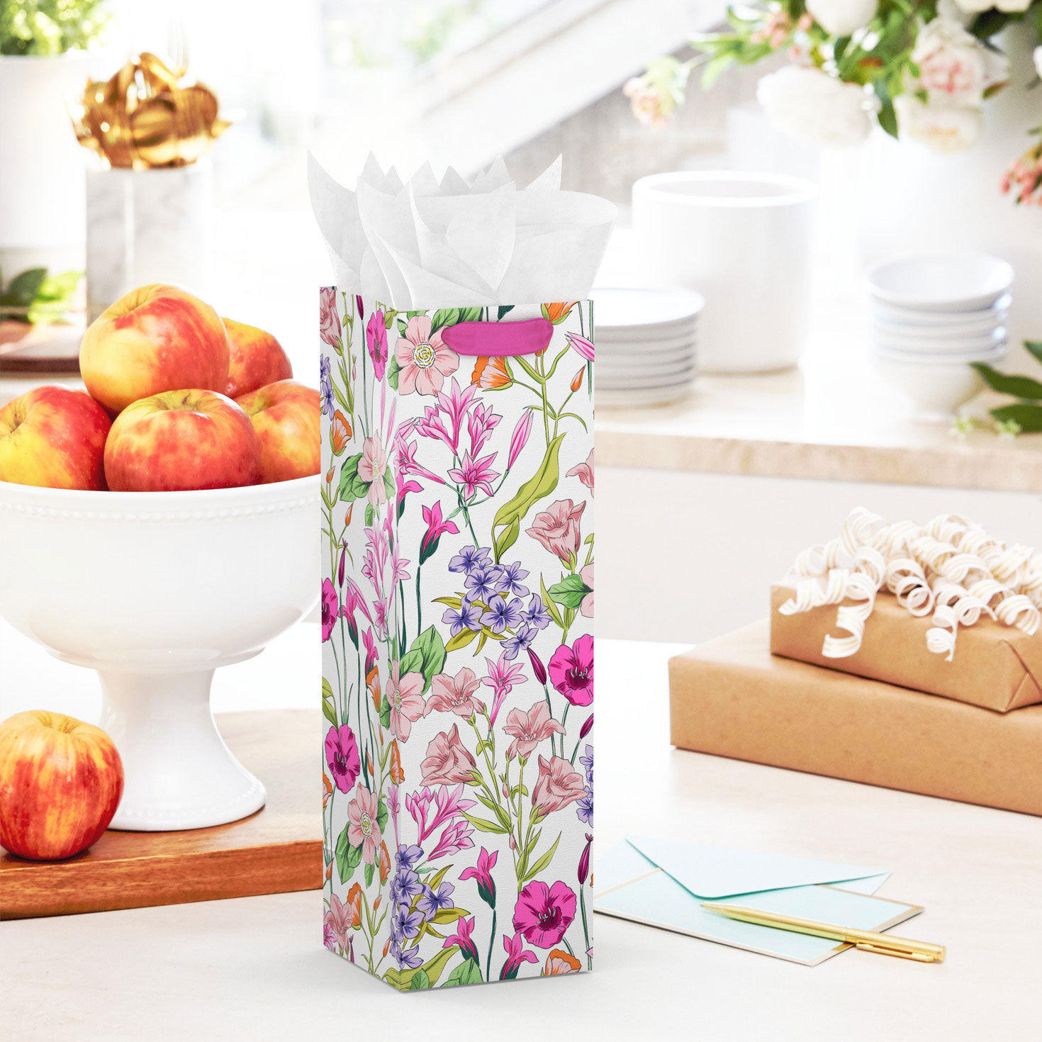 Pink and Purple Flower Illustrations Wine Bag in use image number 2