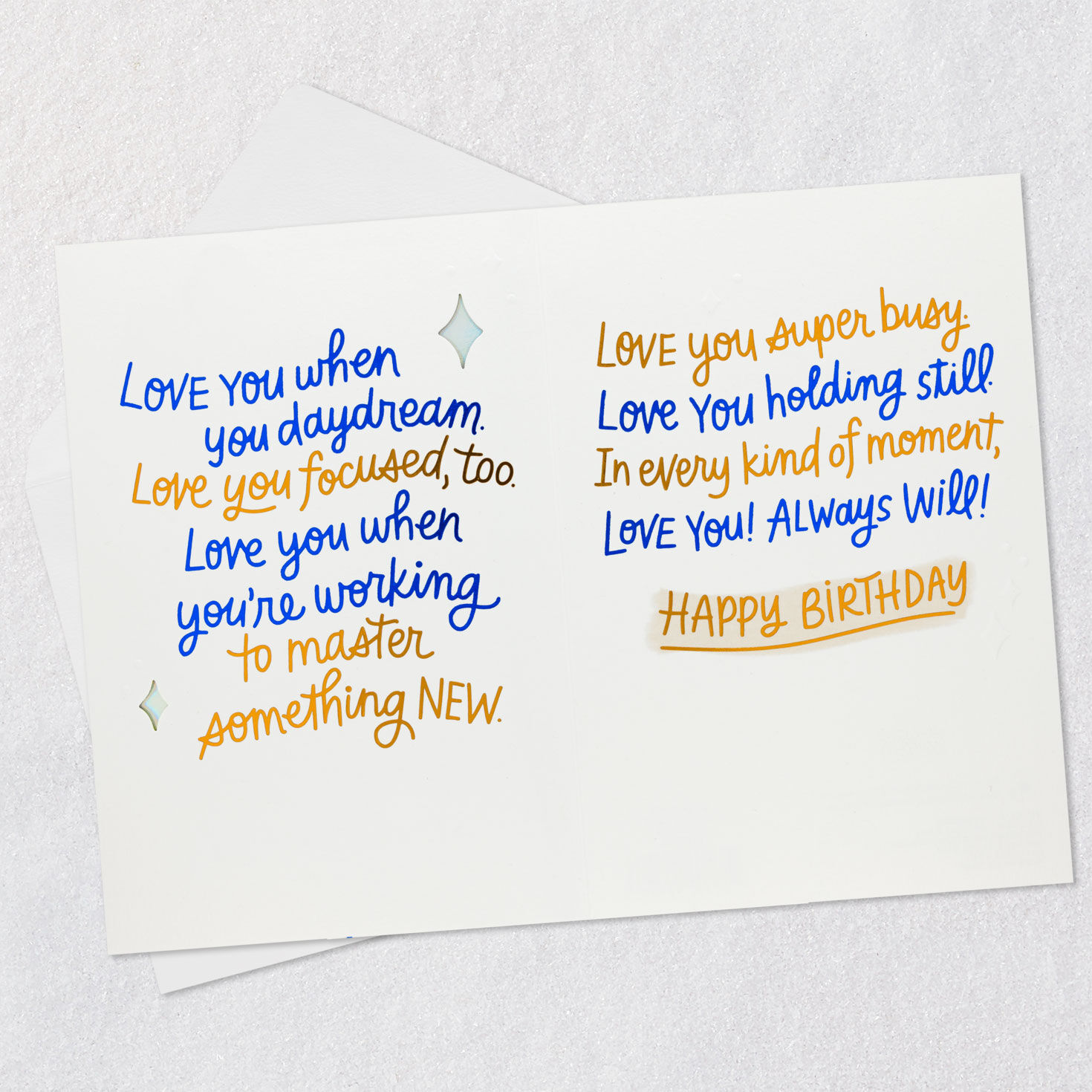 Blue and Copper Script Birthday Card for Son Open card with envelope image number 4