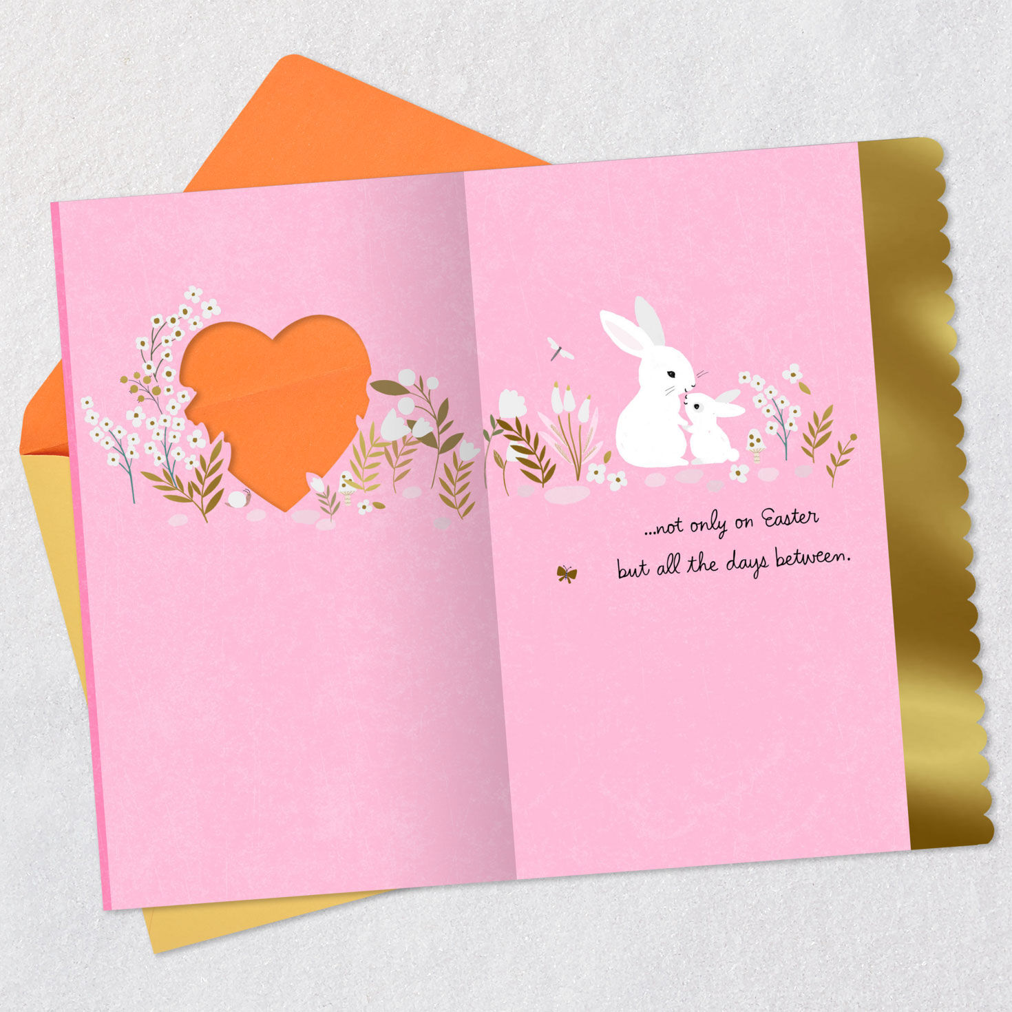 Pink and Gold Flowers with Bunnies Easter Card for Mom Open card with envelope image number 3