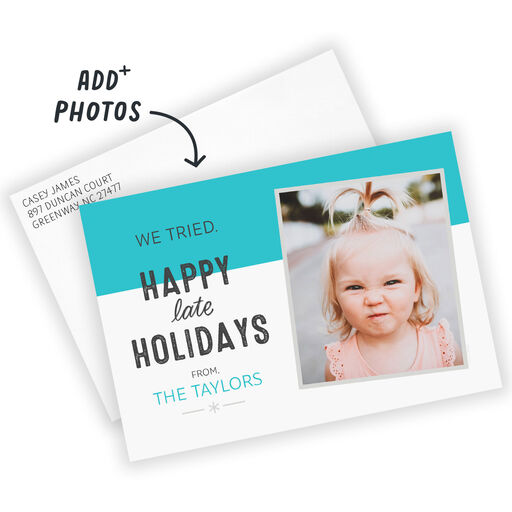 Funny Blue and White Flat Belated Holiday Photo Card, 